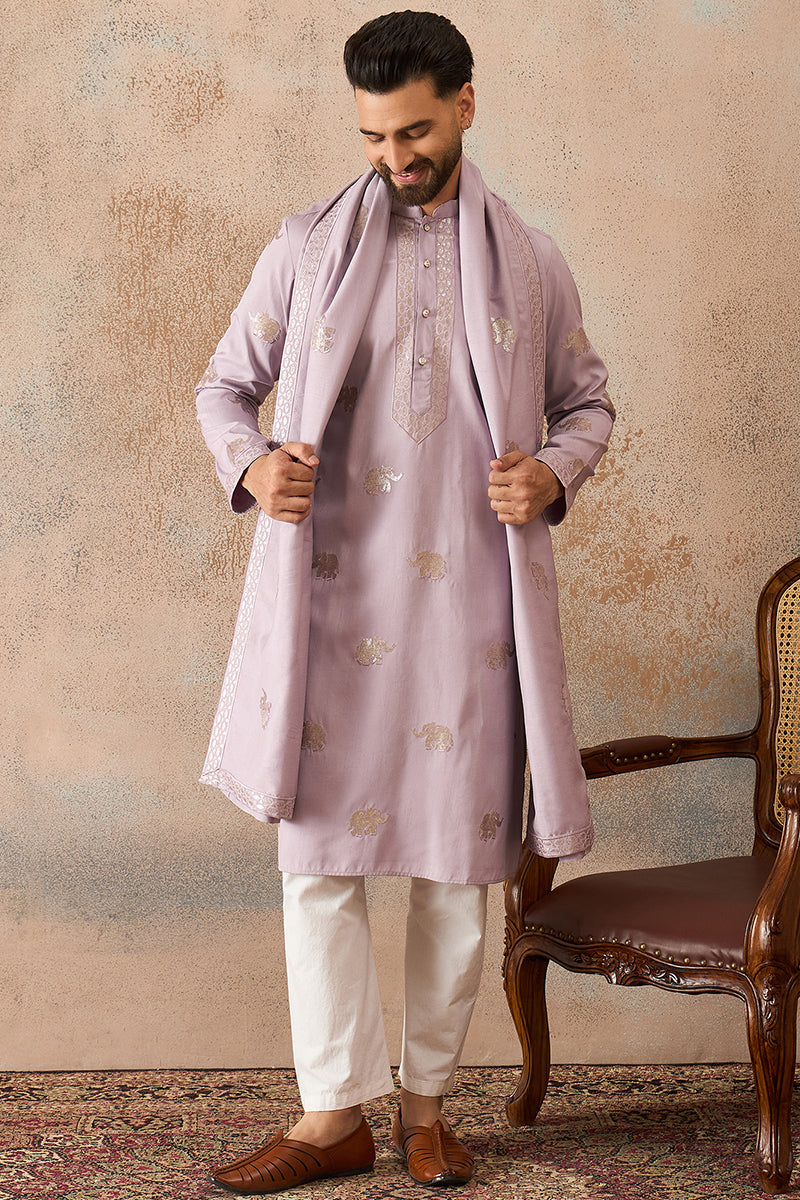 Lavender Silk Blend Solid Embroidered Kurta With Dupatta MKUD1050