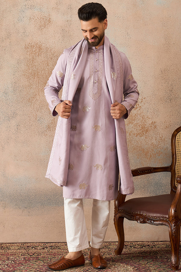Lavender Silk Blend Solid Embroidered Kurta With Dupatta MKUD1050