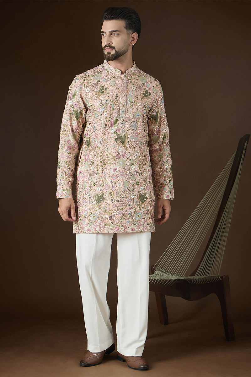 Peach Georgette Solid Embroidered Kurta With Trouser MKSET2726