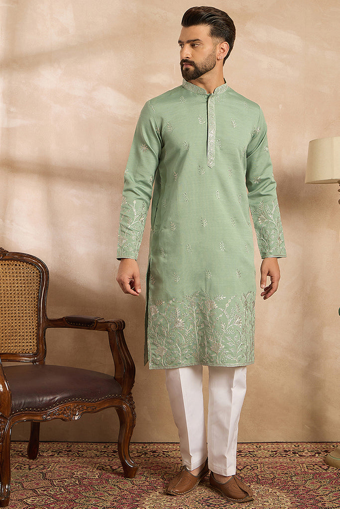 Green Silk Blend Solid Embroidered Straight Kurta With Trouser MKSET1783