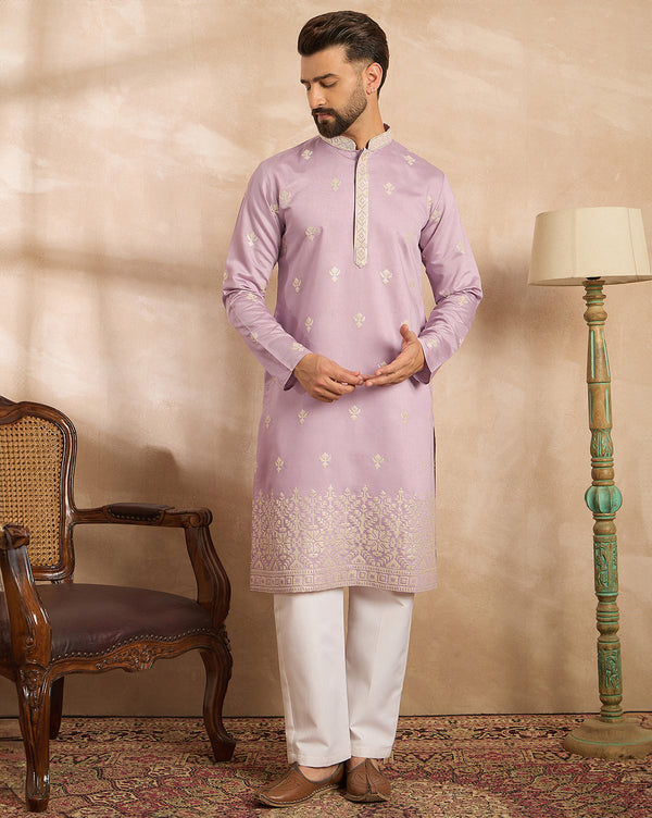 Lavender Polyester Solid Embroidered Straight Kurta With Trouser MKSET1753