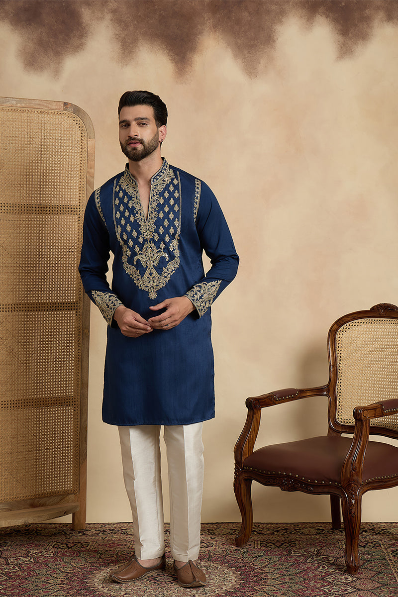 Blue Silk Blend Solid Embroidered Kurta MKU2448