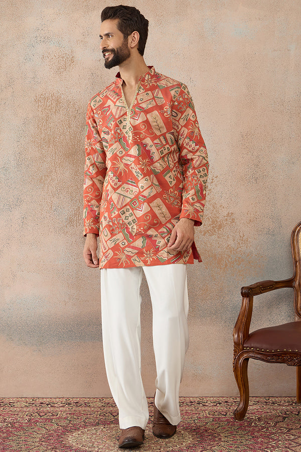 Coral Silk Blend Abstract Embroidered Kurta With Trouser MKSET2458
