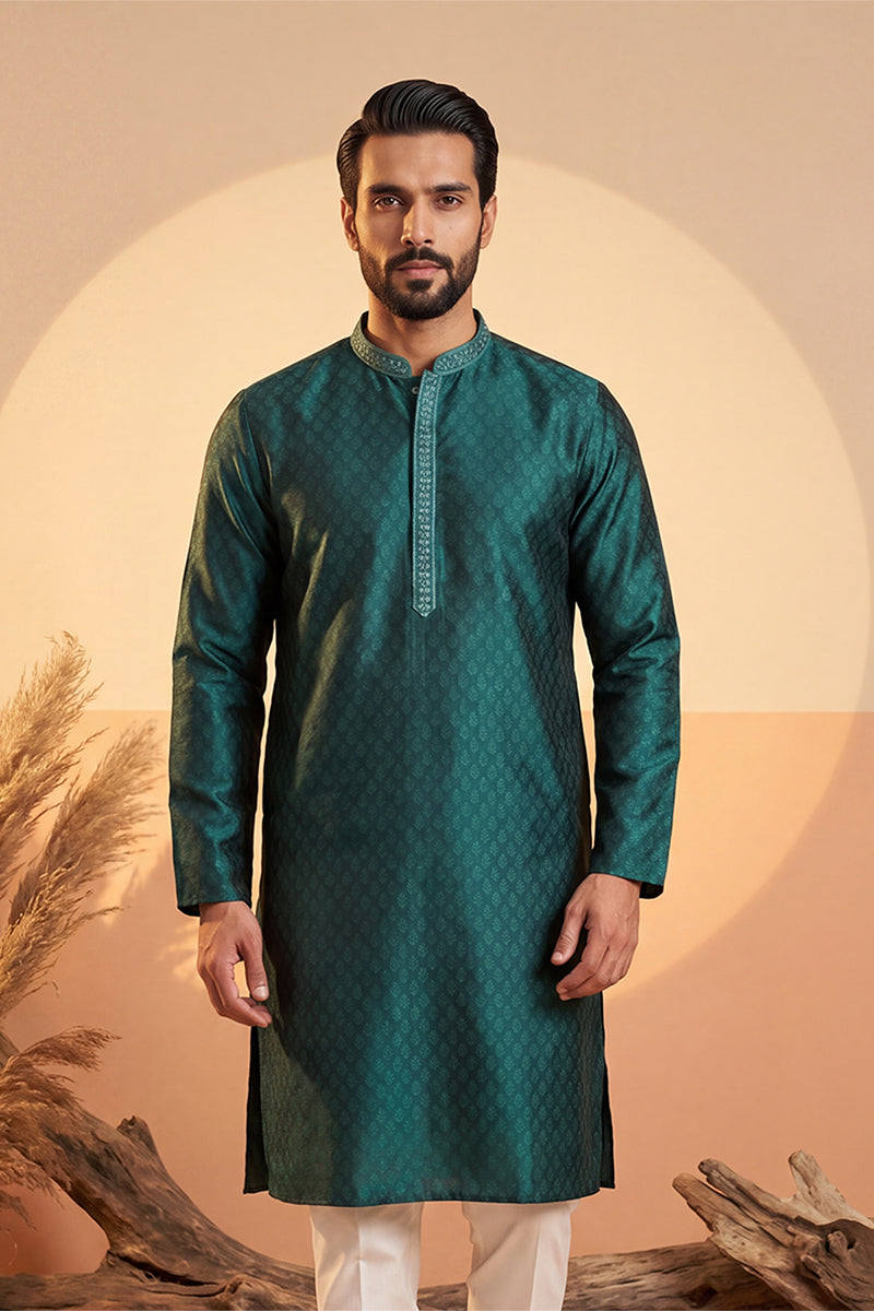 Green Silk Blend Woven Design Straight Kurta With Trouser MKSET1838