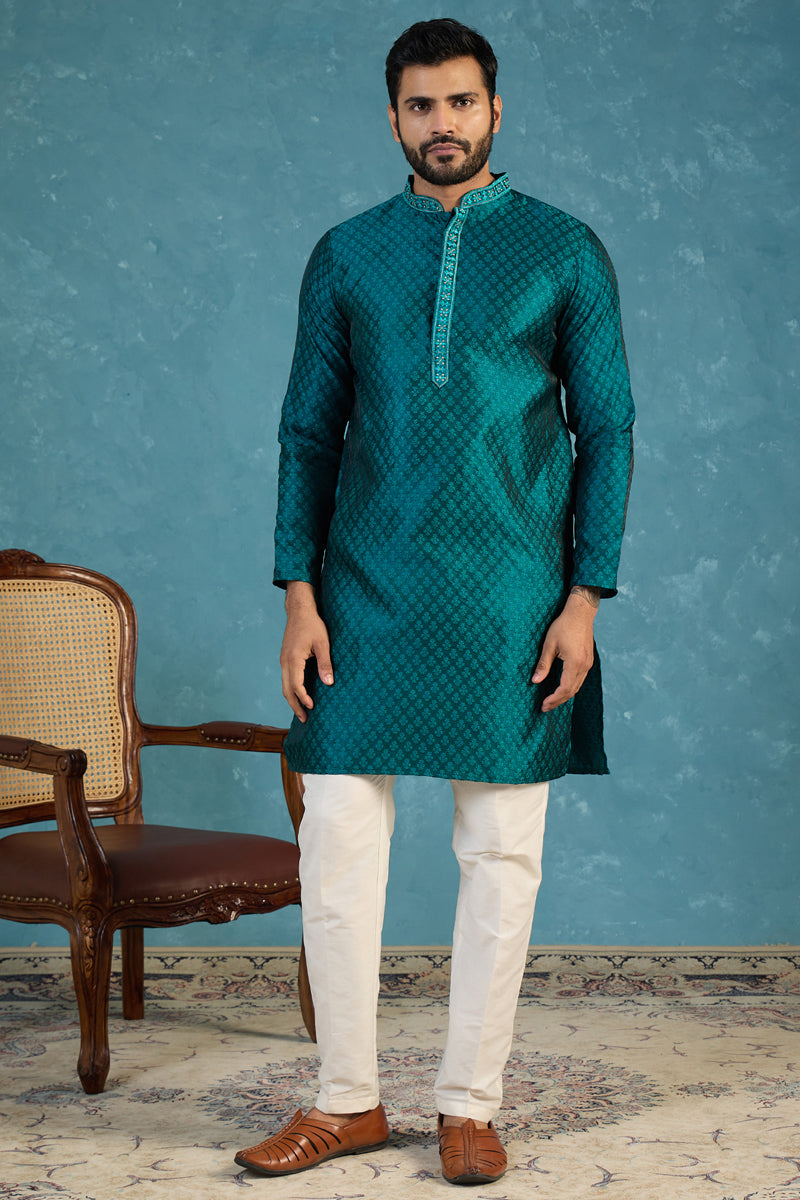 Teal Silk Blend Woven Design Straight Kurta MKU1838