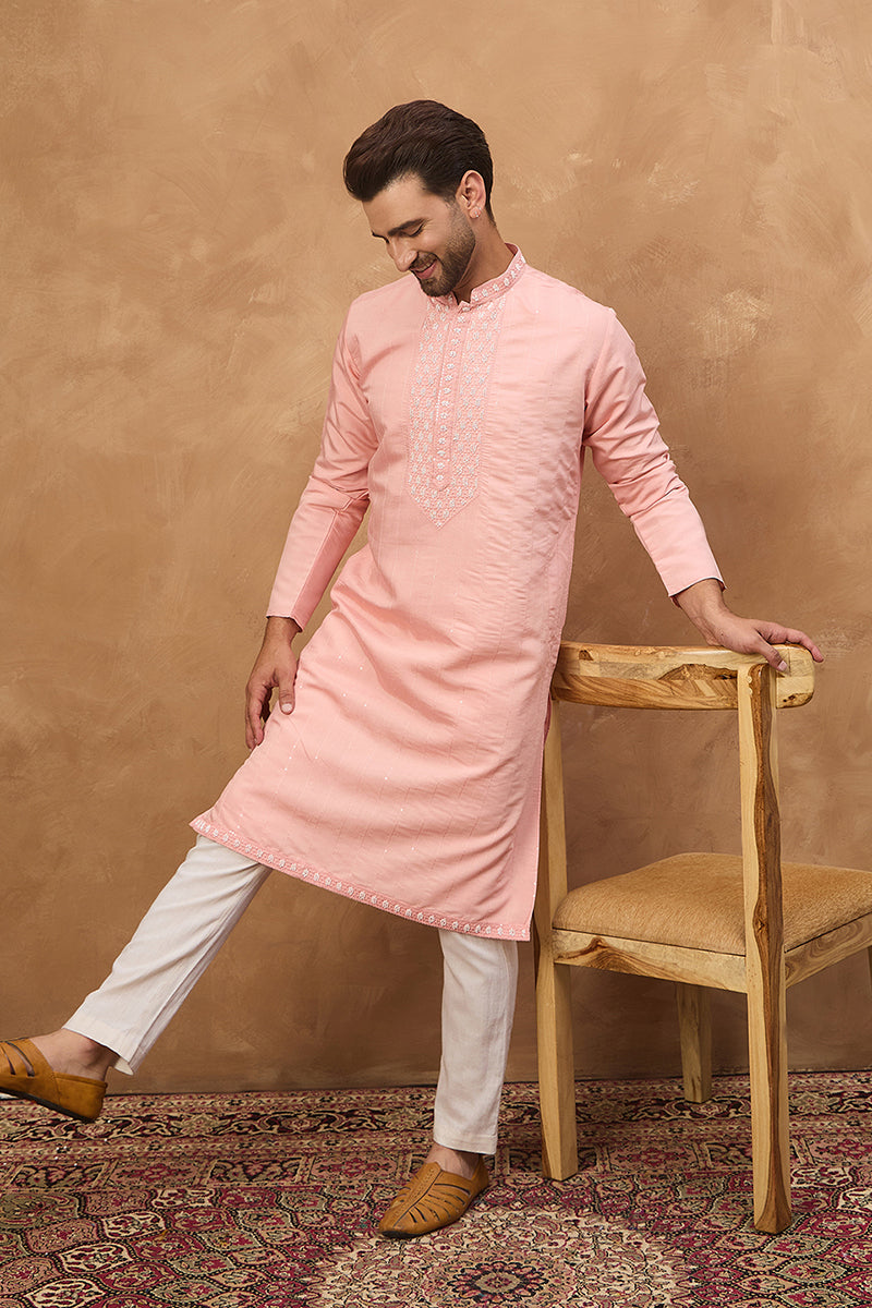 Peach Silk Blend Solid Solid Straight Kurta MKU1506