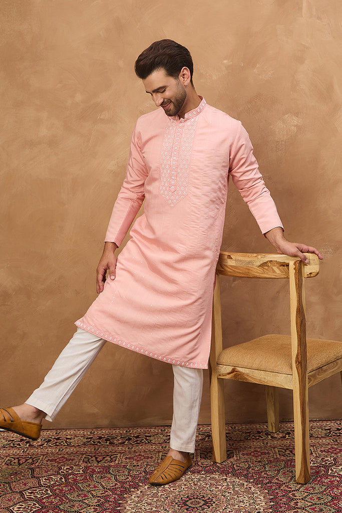 Peach Silk Blend Solid Solid Straight Kurta MKU1506