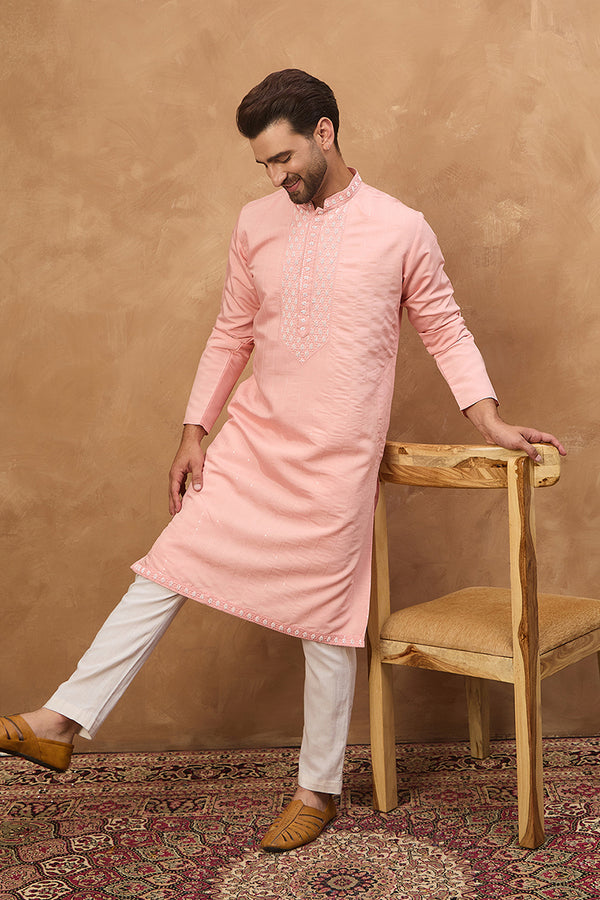 Peach Silk Blend Solid Solid Straight Kurta MKU1506