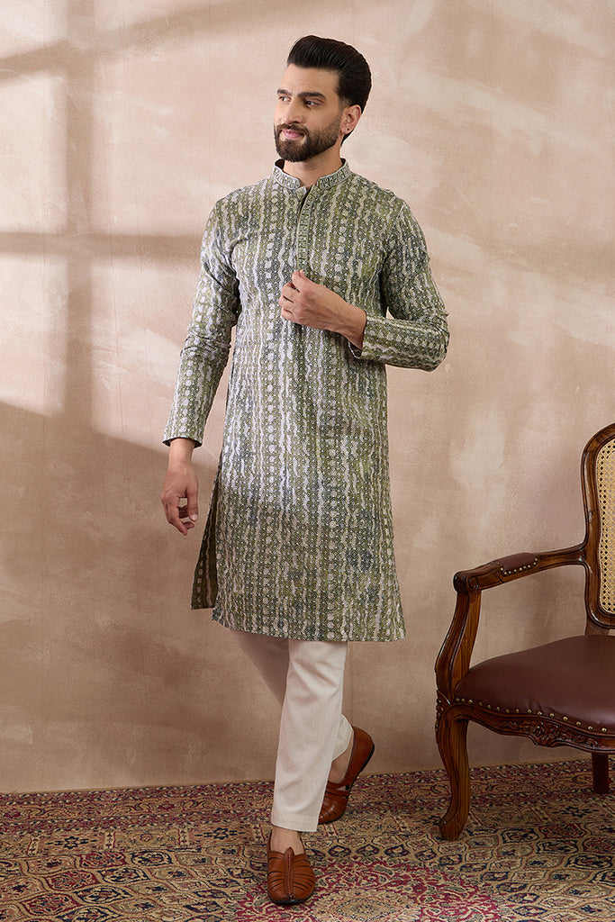 Green Silk Blend Printed Mandarin Collar Straight Kurta MKU1661