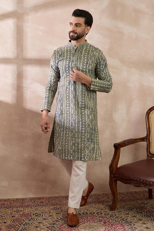 Green Silk Blend Printed Mandarin Collar Straight Kurta MKU1661