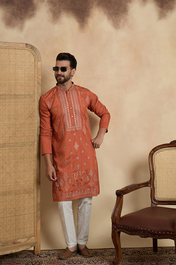 Orange Silk Blend Solid Embroidered Straight Kurta With Trouser MKSET2524