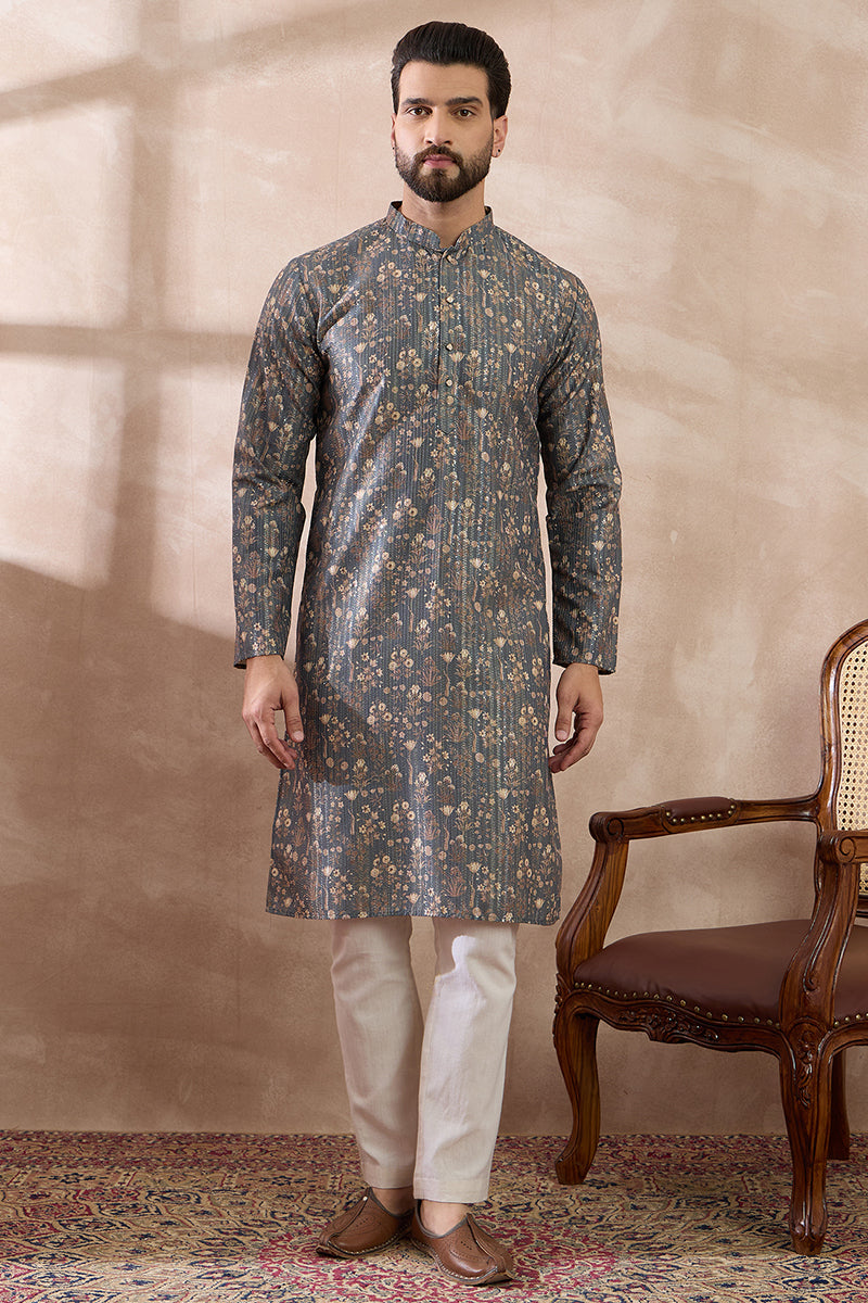 Grey Silk Blend Printed Mandarin Collar Straight Kurta With Trouser MKSET1931