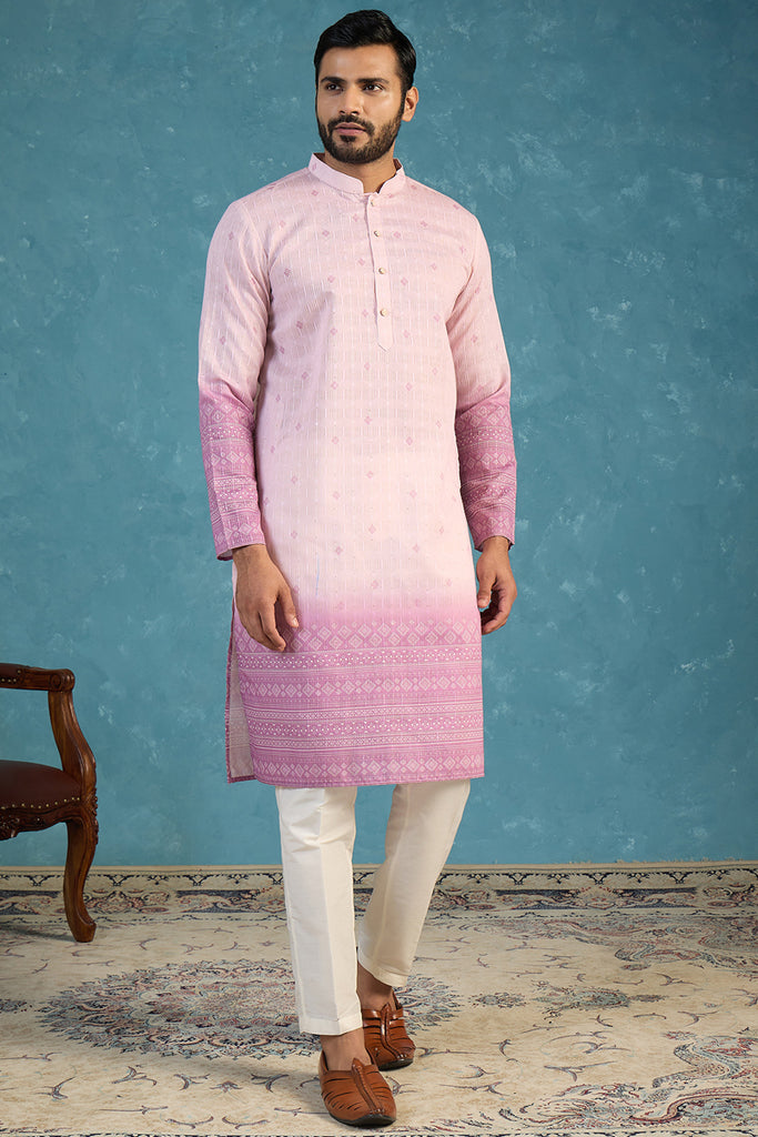 Pink Silk Blend Woven Design Calf Length Straight Regular Kurta MKU2347
