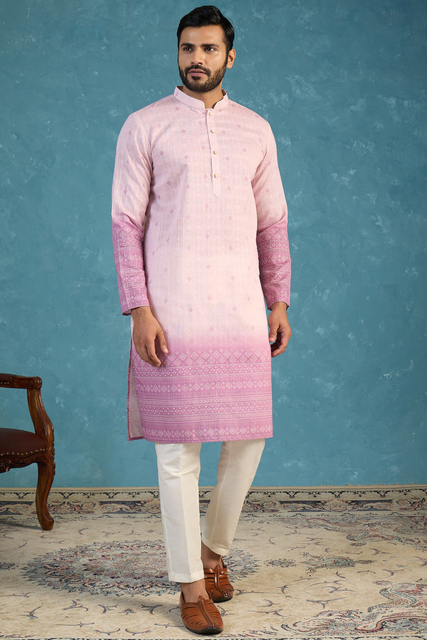 Pink Silk Blend Woven Design Calf Length Straight Regular Kurta MKU2347