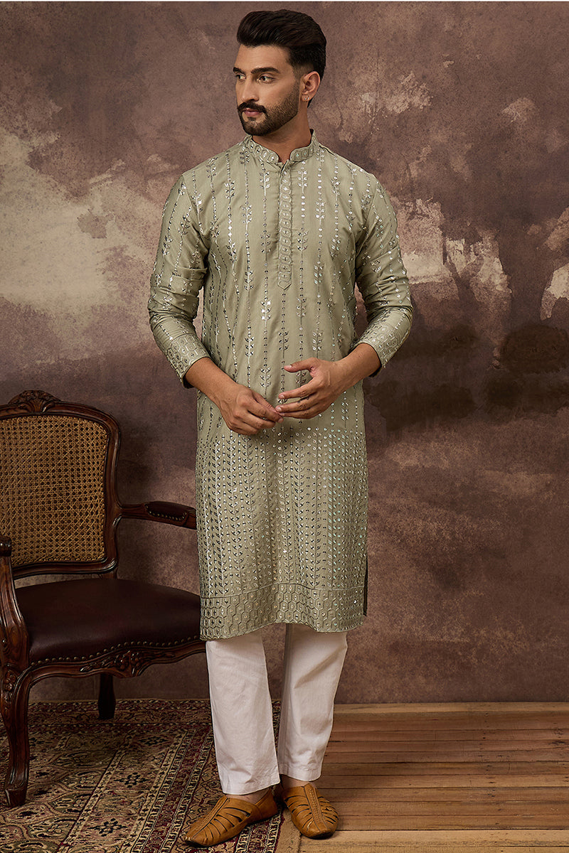 Green Silk Blend Solid Embroidered Straight Kurta With Pant Set MKSET1356