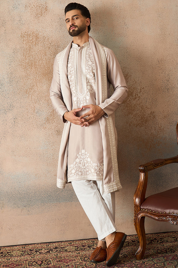 Beige Silk Blend Solid Embroidered Kurta Trouser With Dupatta MKPD1042