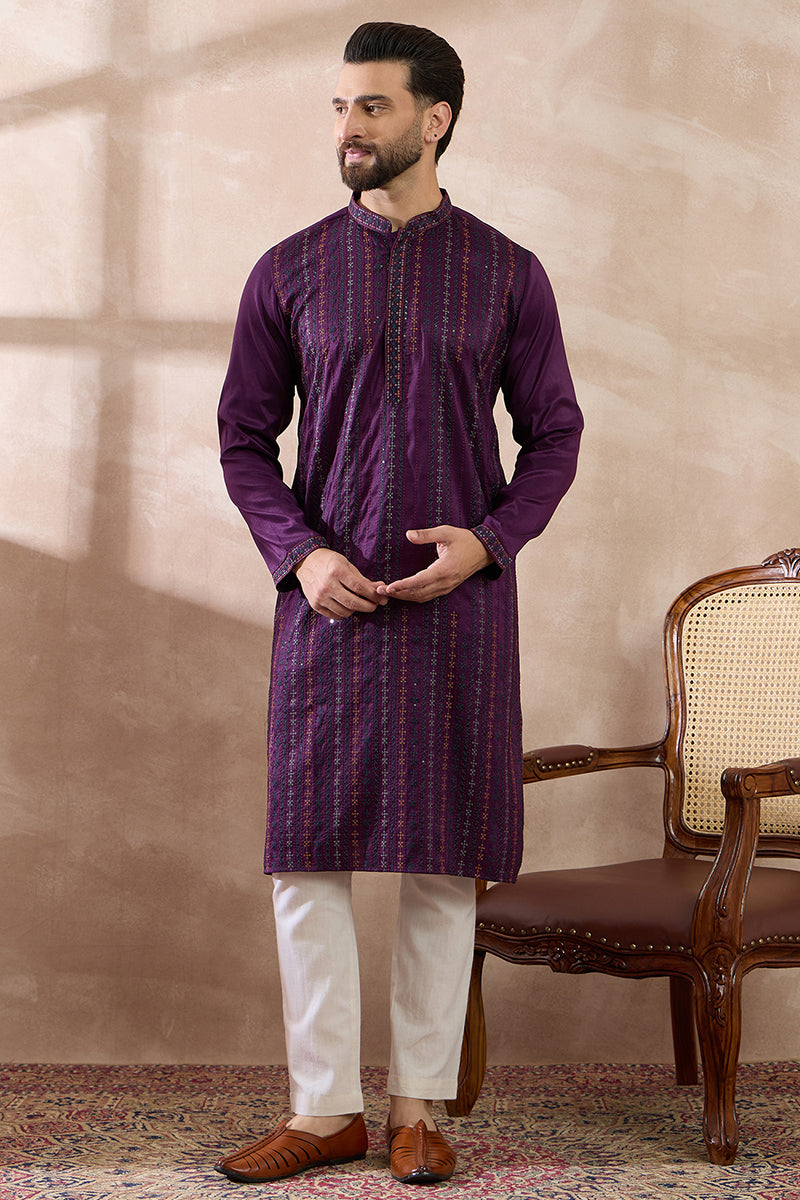 Purple Silk Blend Embroidered Mandarin Collar Straight Kurta With Trouser MKSET2038