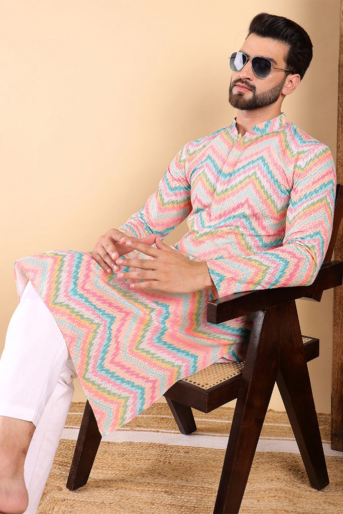Teal Viscose Rayon Chevron Printed Straight Kurta with Trousers MKSET1008TIL