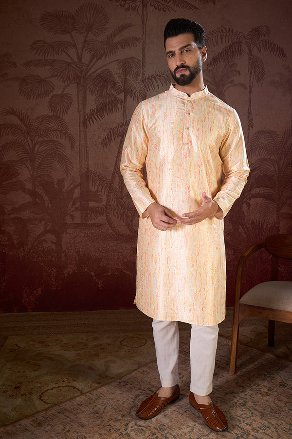 Cream Silk Blend Abstract Printed Straight Kurta With Trouser MKSET1907