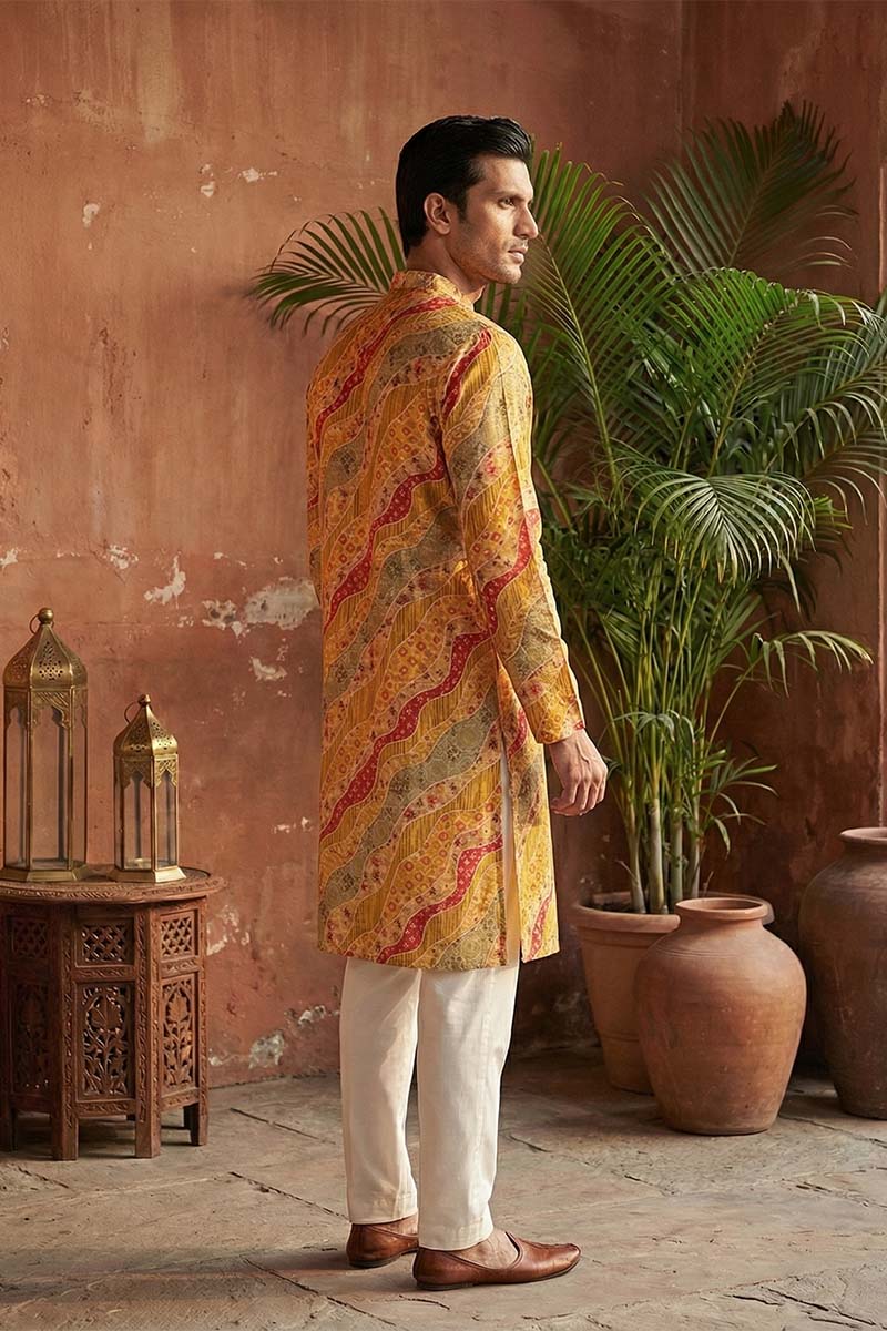 Yellow Silk Blend Printed Straight Kurta MKU2168