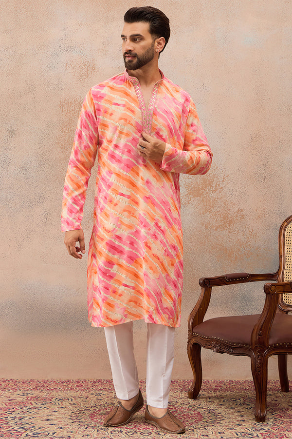 Pink Viscose Rayon Leheriya Printed Kurta With Trouser MKSET2754