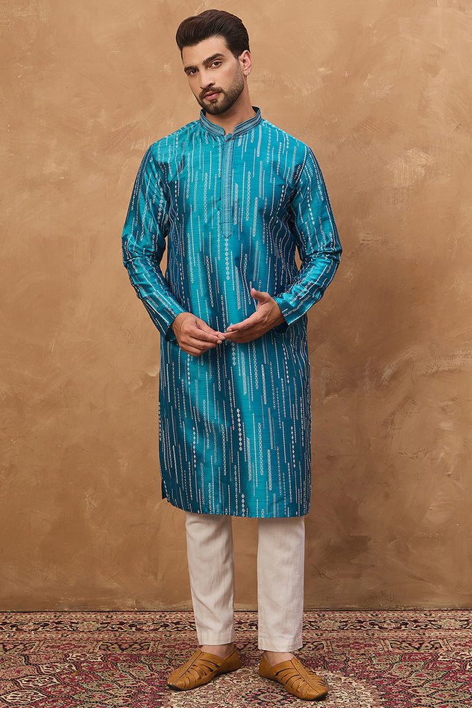 Blue Silk Blend Geometric Printed Straight Kurta MKU1519
