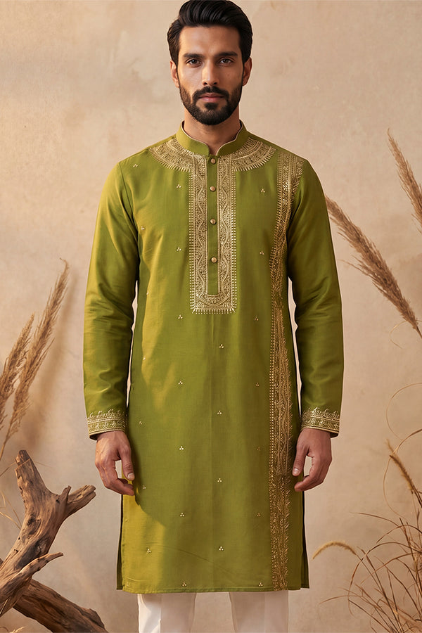 Green Silk Blend Solid Emboidered Straight Kurta MKU2313