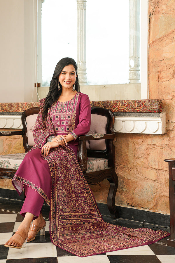 Purple Cotton Blend Ajrakh Printed Straight Kurta Trousers With Dupatta PKSKD3064