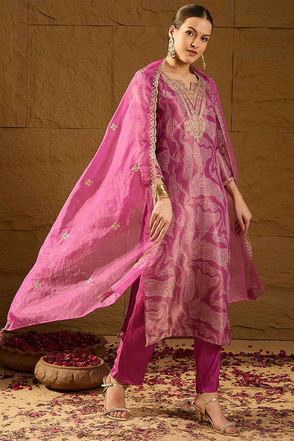 Purple Silk Blend Abstract Woven Design Straight Kurta Trousers With Dupatta SKSKD3003