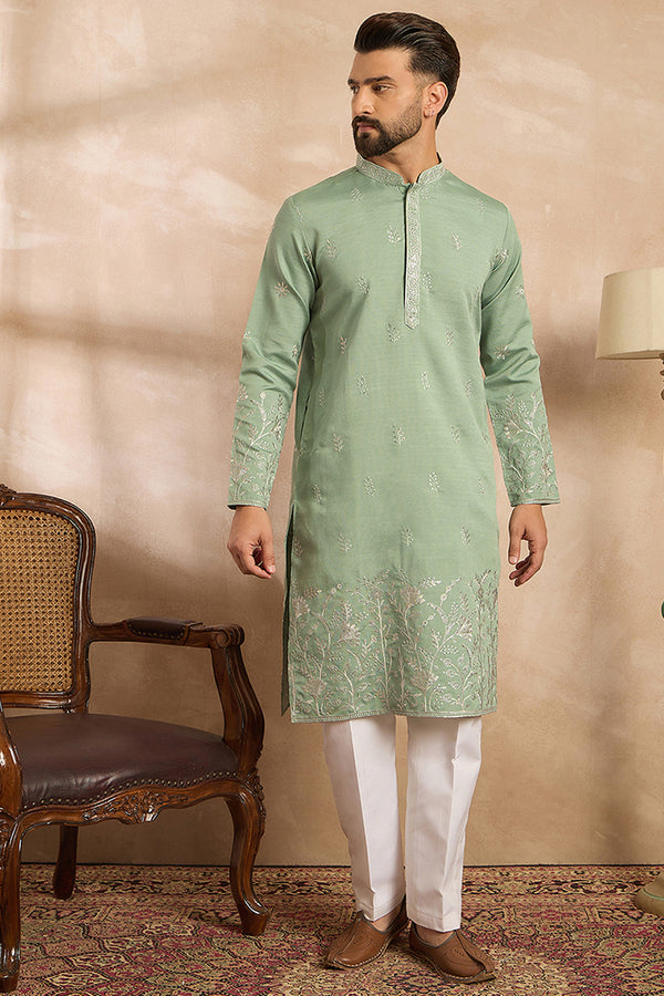 Green Silk Blend Solid Embroidered Straight Kurta MKU1783