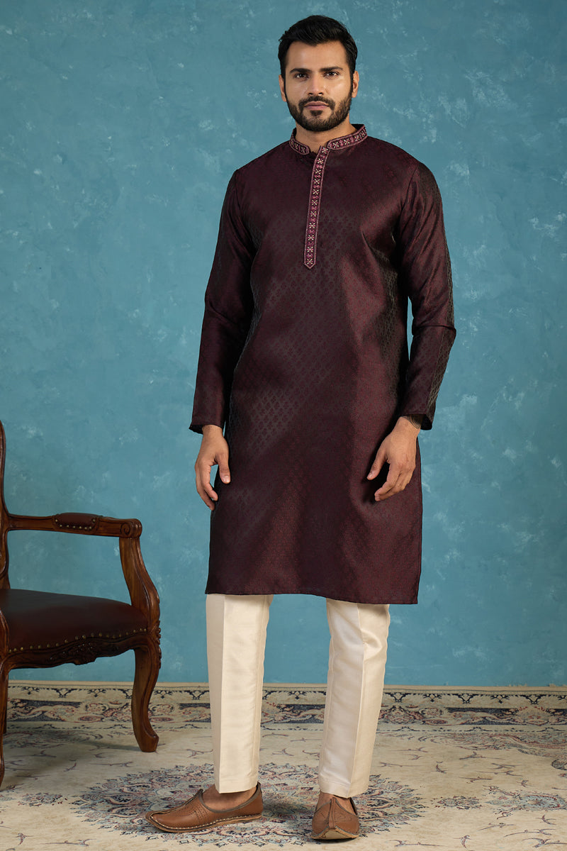Purple Silk Blend Woven Design Straight Kurta With Trouser MKSET1835
