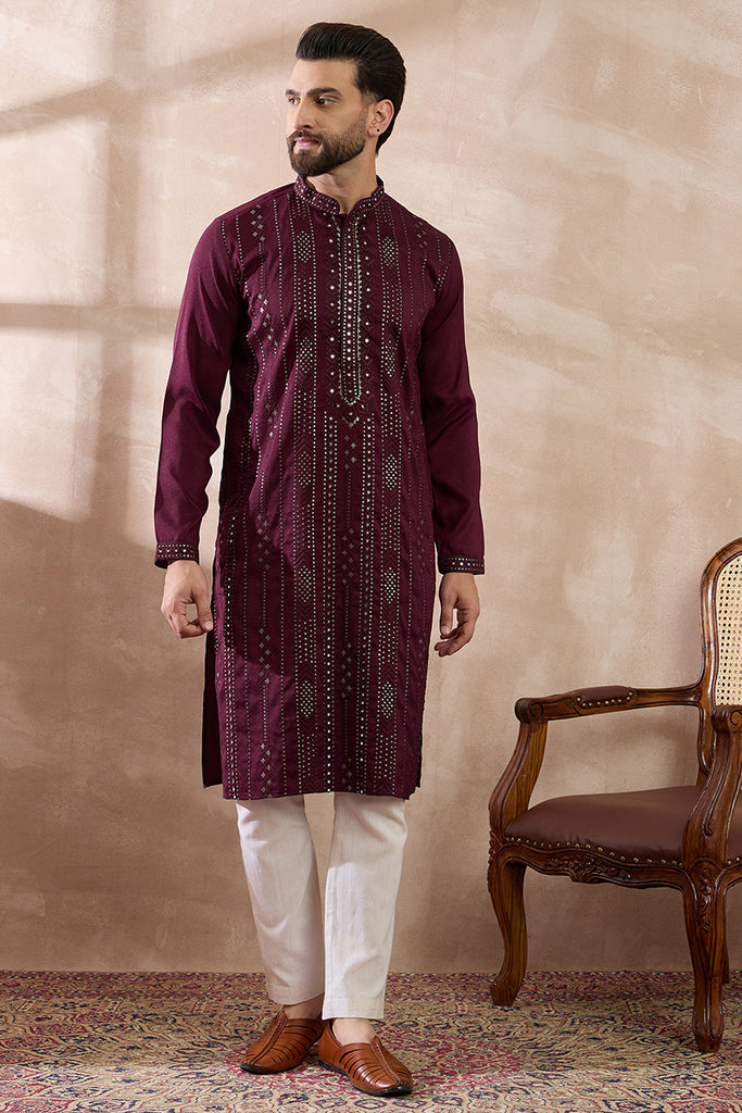 Purple Silk Blend Embroidered Mandarin Collar Straight Kurta With Trouser MKSET1889
