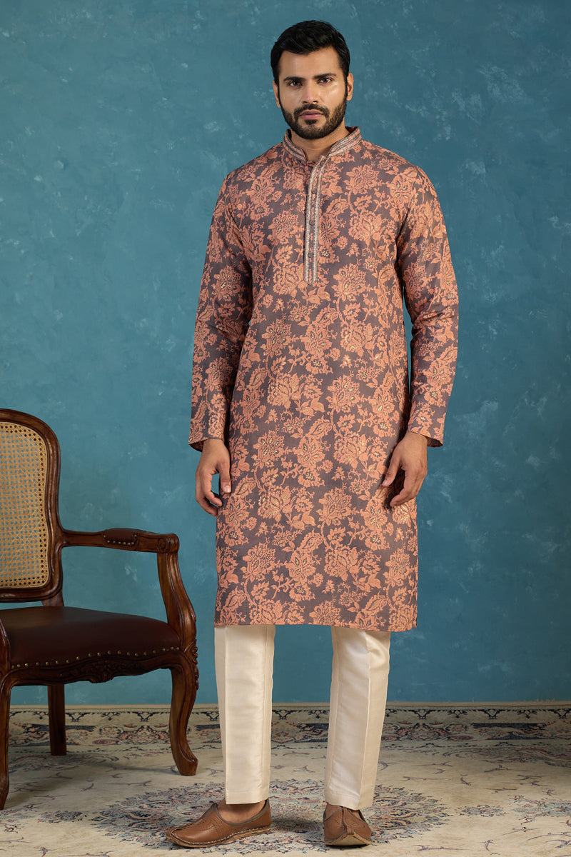 Grey Modal Floral Printed Calf Length Straight Regular Kurta With Trouser MKSET1980