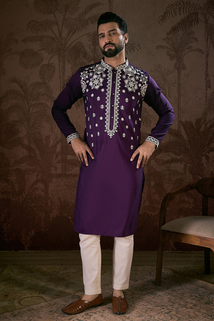 Purple Silk Blend Solid Embroidered Straight Kurta With Trouser MKSET1797