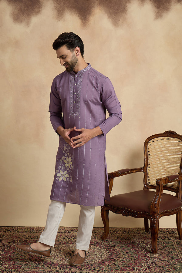 Lavender Silk Blend Solid Embroidered Kurta With Trouser MKSET2463