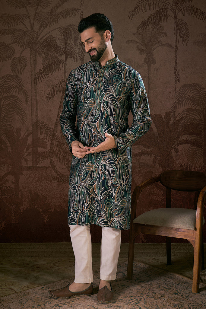 Navy Blue Silk Blend Abstract Printed Straight Kurta MKU1958