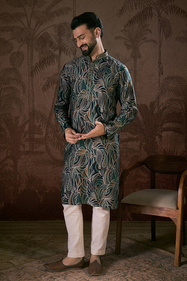 Navy Blue Silk Blend Abstract Printed Straight Kurta MKU1958