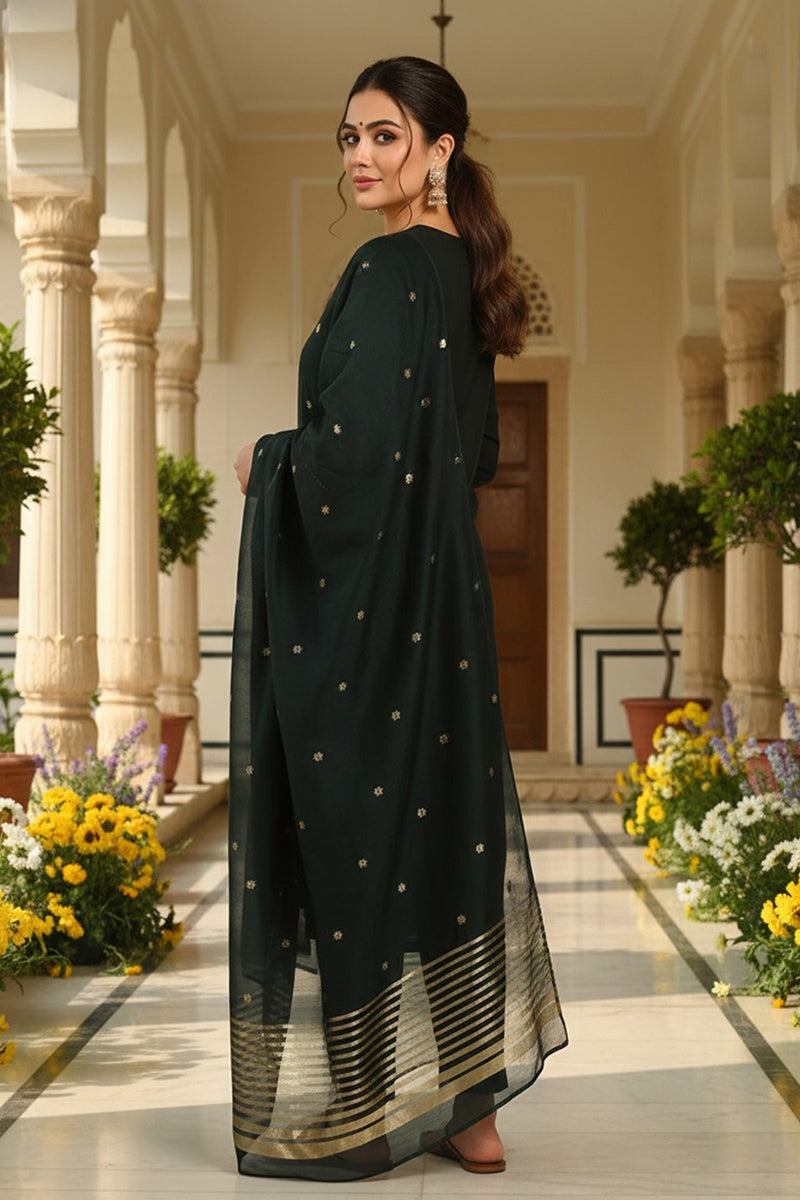 Green Chanderi Silk Solid Embroidered Straight Trousers Suit Set PKSKD2715