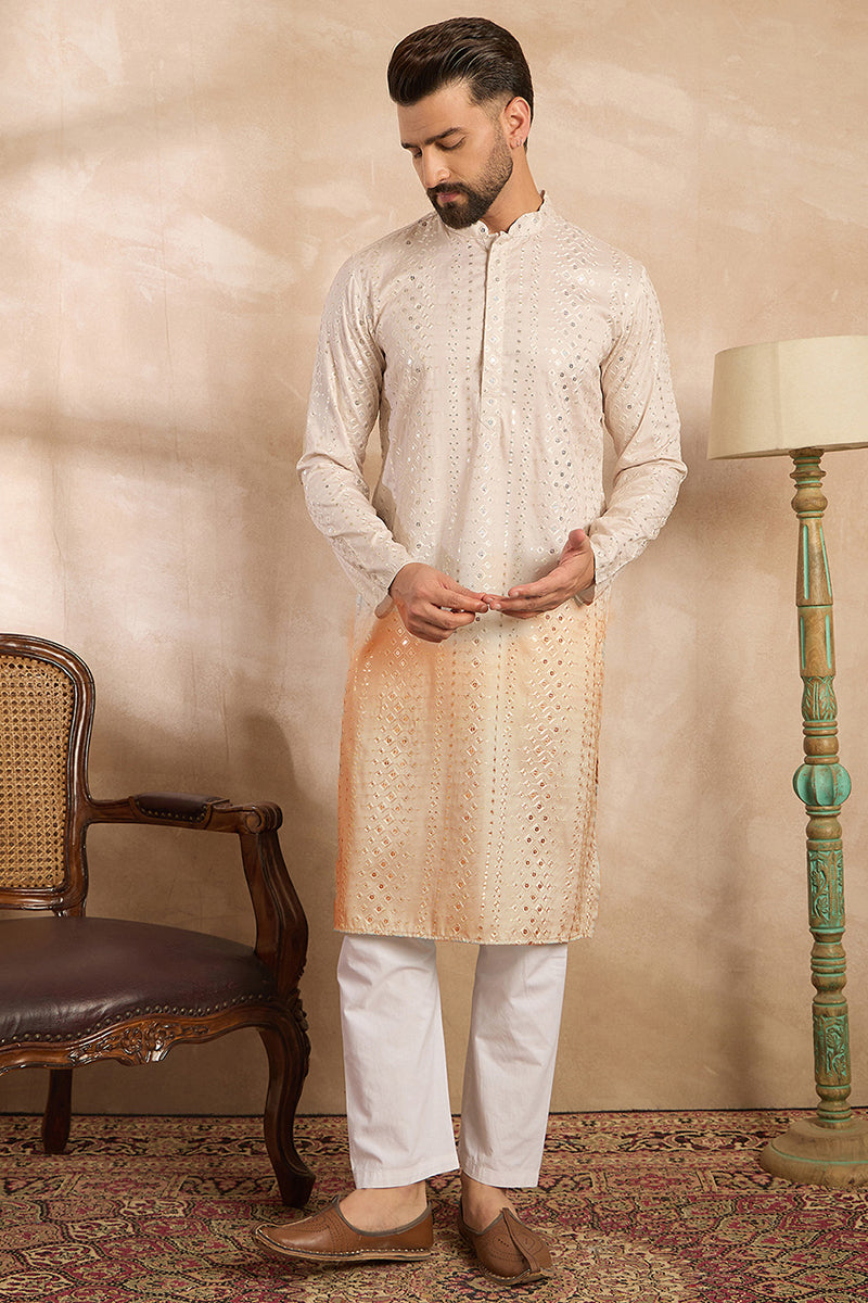 Peach Silk Blend Ombre Embroidered Straight Kurta MKU1724