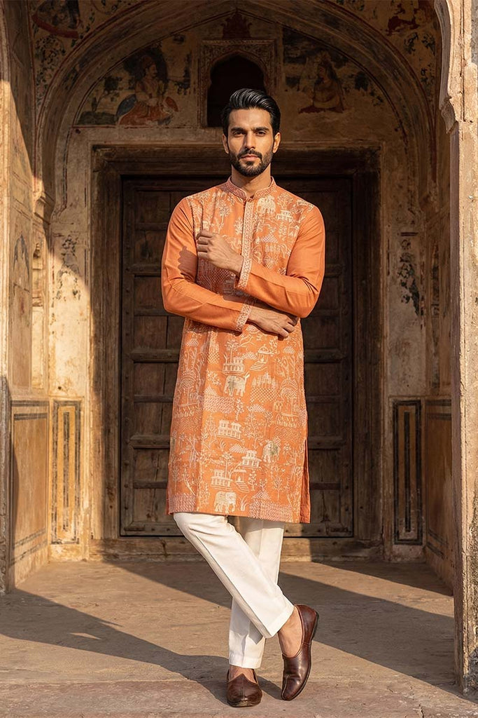 Peach Viscose Rayon Embroidered Straight Kurta With Trousers MKSET2169
