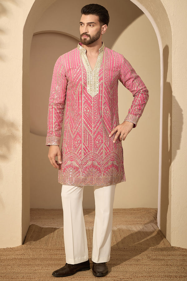 Pink Georgette Ethnic Motifs Embroidered V-Neck Kurta MKU2587