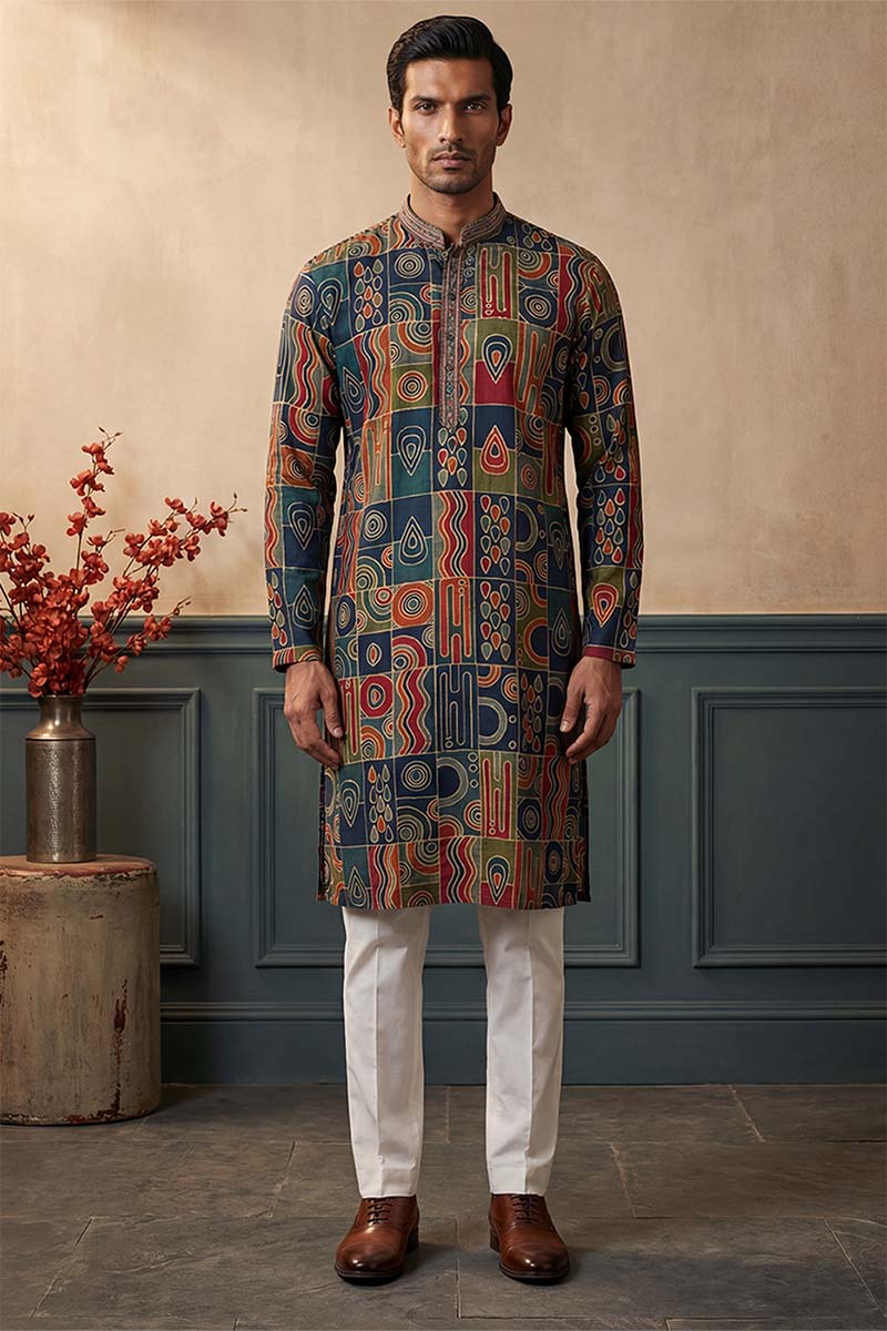 Viscose Rayon Multi Abstract Printed Calf Length Straight Kurta With Trousers MKSET1984