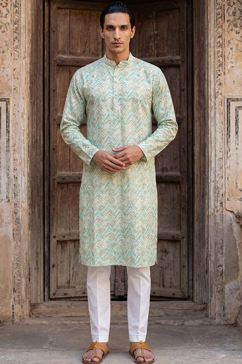 Green Cotton Blend Chevron Embroidered Kurta With Trouser MKSET2068