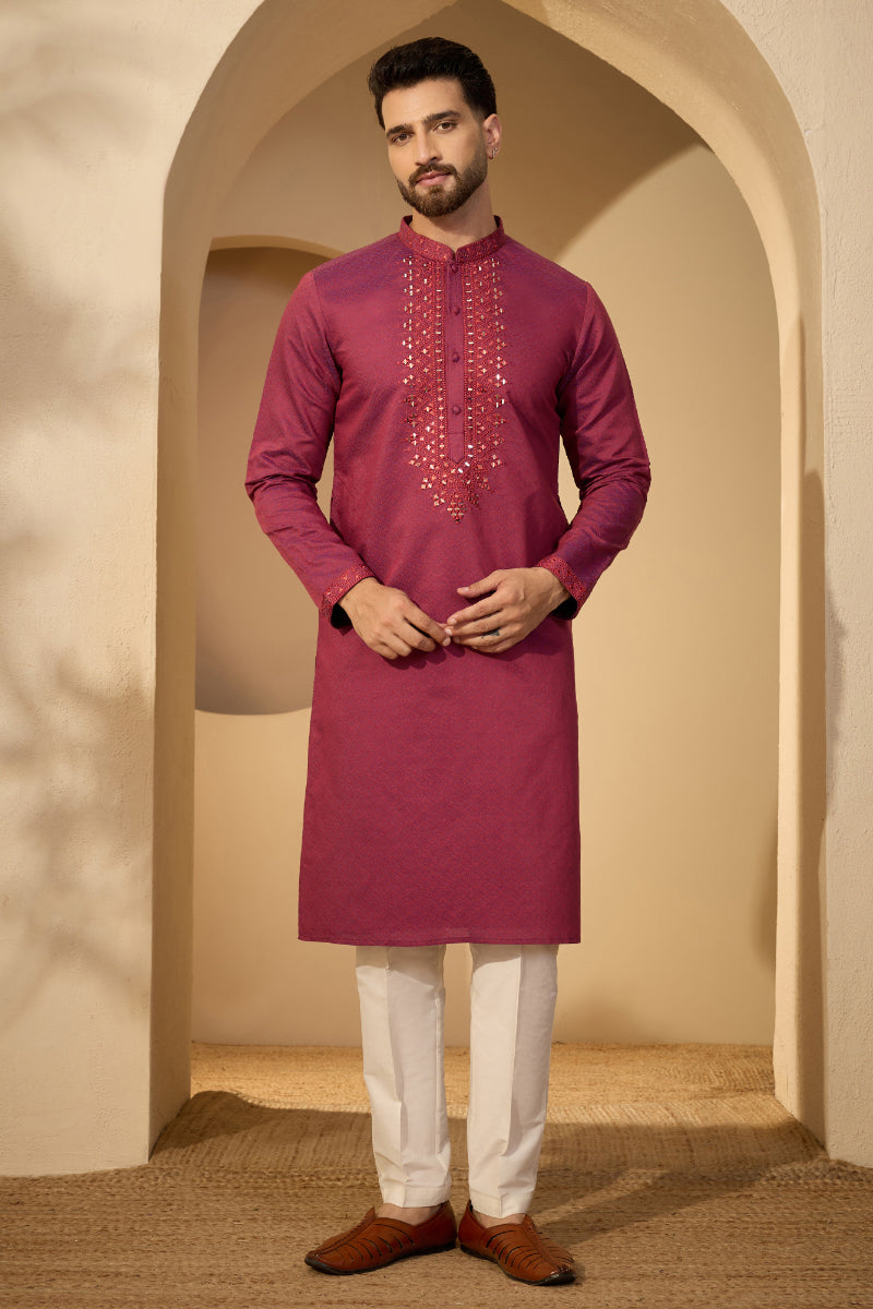 Fuchsia Jacquard Solid Embroidered Mandarin Collar Kurta With Trouser MKSET2720