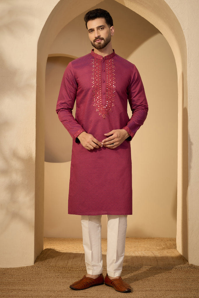 Fuchsia Jacquard Solid Embroidered Mandarin Collar Kurta With Trouser MKSET2720