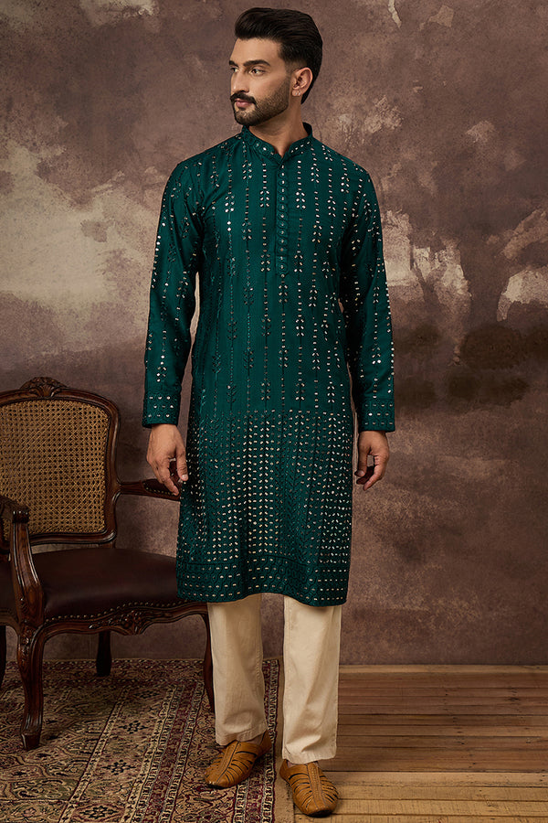 Teal Silk Blend Solid Embroidered Straight Kurta With Pant Set MKSET1357