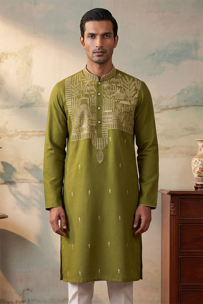 Green Silk Blend Solid Emboidered Straight Kurta MKU2373