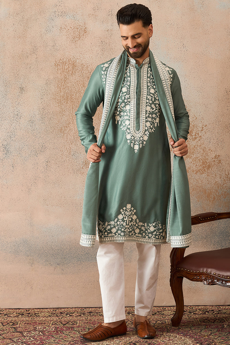 Green Silk Blend Solid Embroidered Kurta With Dupatta MKUD1040