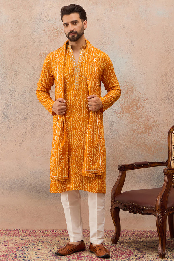 Rust Viscose Rayon Bandhani Printed Kurta With Dupatta MKUD1079