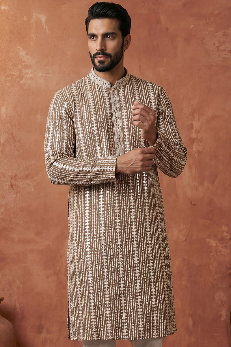 Brown Viscose Rayon Embroidered Kurta With Trousers MKSET2178